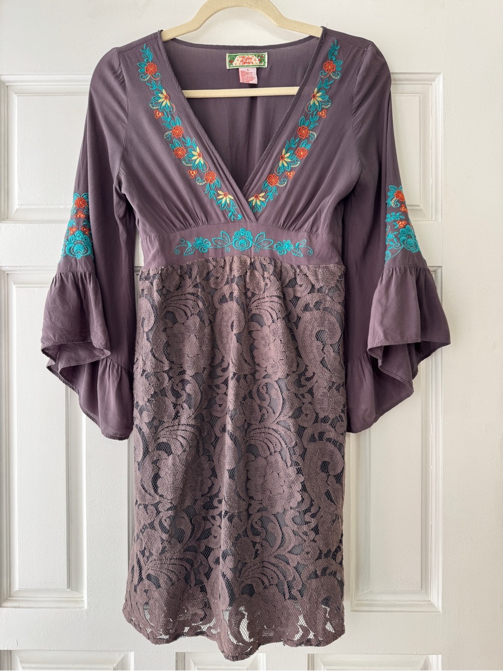 Flying Tomato Grey Lace & Turquoise-Embroidered V-Neck Dress